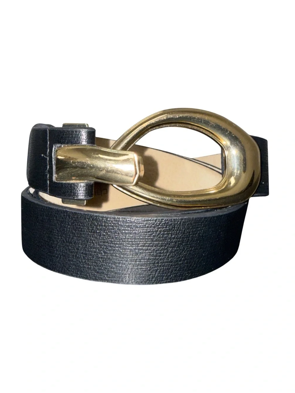 Chico’s Black Genuine Leather Belt M/L Adjustable Gold Statement Buckle
